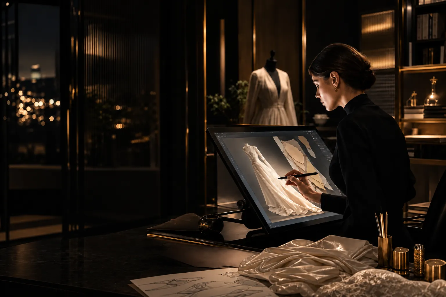 Fashion designer developing a luminous dress direction in a private digital atelier